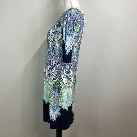 Eliza J Dress size 6 Blue Green White Paisley Straight Stretch Modest Career - Picture 8 of 11